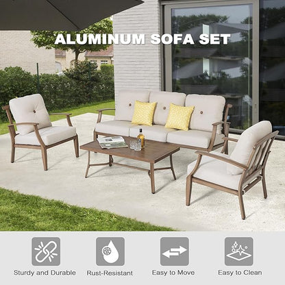Outdoor Aluminum Conversation Sofa Set, 4-Piece Patio Sofa with Zippered Cushion and Coffee Table, for Porch Garden Backyard Balcony and Poolside, Beige
