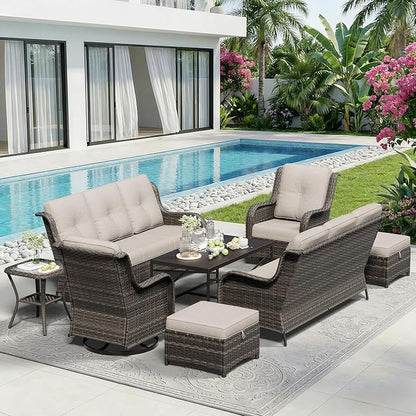8 Piece Outdoor Wicker Patio Furniture Set, Outdoor Swivel Rocker Patio Chairs Set with Thickened Olefin Cushions, High Back and Deep Seating, Hand-Woven PE Rattan for Porch, Deck