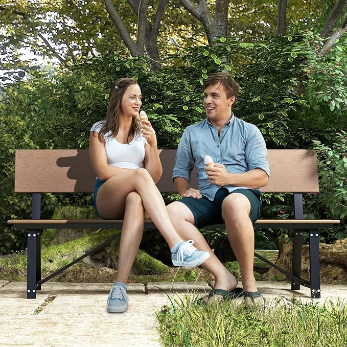 Giantex 72 Inches Outdoor Bench with Weatherproof HDPE Backrest & Seat, Heavy Duty Metal Frame, 1100 Lbs Capacity, Park Bench for 4-Person, Lawn, Porch, Deck, Patio (2, Brown)
