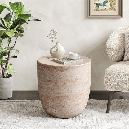 Christopher Knight Home Jaym 15.75" H Indoor Outdoor Accent Side Table, Patio Decorative End Table, Barrel-Shaped Lightweight Concrete Garden Stool for Patio Balcony & Garden Decor, Travertine