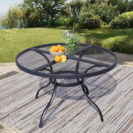47'' Outdoor Patio Dining Table with Adjustable Umbrella Hole, Mesh Tabletop Round Table, Heavy Duty 400lbs Capacity, for Deck, Balcony, Bistro, Black