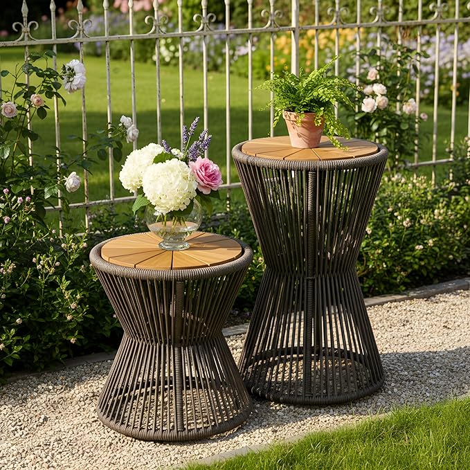 Merax Bohemian Round Outdoor Side Table Set of 2, 2 Pieces Patio Side Tables with Acacia Wood Top and Dark Grey Handwoven Rope Base, for Garden, Pool, Balcony, Elegant Hourglass Design, No Assembly