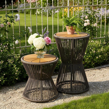 Merax Bohemian Round Outdoor Side Table Set of 2, 2 Pieces Patio Side Tables with Acacia Wood Top and Dark Grey Handwoven Rope Base, for Garden, Pool, Balcony, Elegant Hourglass Design, No Assembly