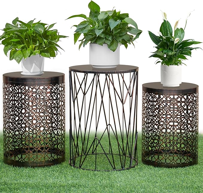 Y&M Set of 3 Round Patio Tables, Coffee Table End Table, Outdoor Indoor Side Table for, Garden Stool-Black with Bronze (Ship from US)