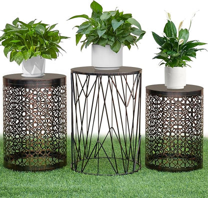 Y&M Set of 3 Round Patio Tables, Coffee Table End Table, Outdoor Indoor Side Table for, Garden Stool-Black with Bronze (Ship from US)