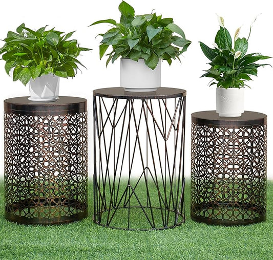 Y&M Set of 3 Round Patio Tables, Coffee Table End Table, Outdoor Indoor Side Table for, Garden Stool-Black with Bronze (Ship from US)