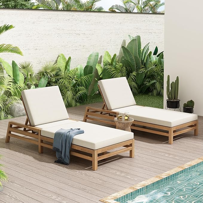5-Position Adjustable Outdoor Chaise Lounge Set of 2, Solid Wood Patio Recliner Chair with Thick Cushions for Pool - Photo 3