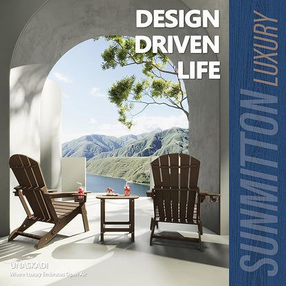 Folding Adirondack Chair Set of 2 with Cup Holders, HDPE All Weather Resistant Plastic Outdoor Patio Chairs, Heavy Duty Fire Pit Seating for Backyard Lawn Garden, Wooden Textured(Coffee)