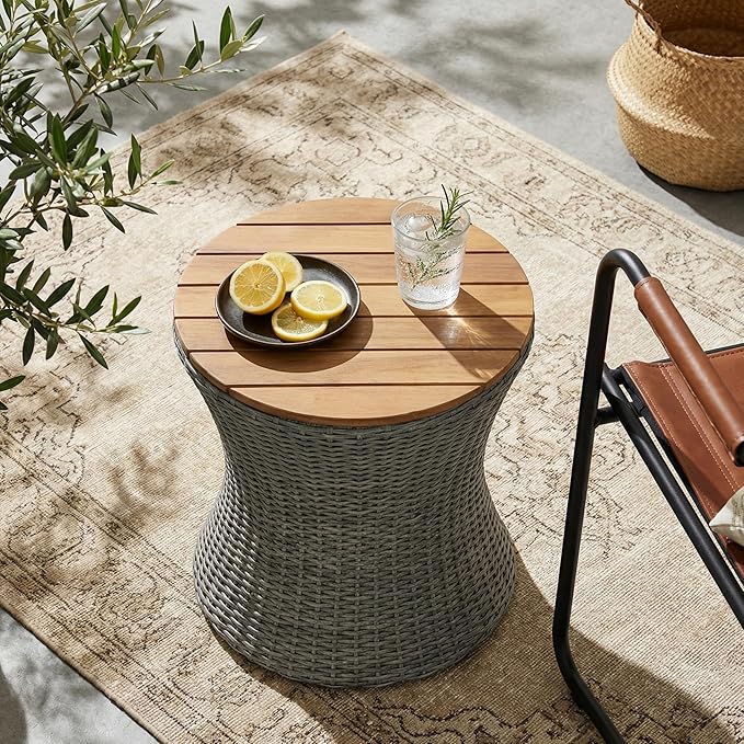 Christopher Knight Home Fenton 17.5" Outdoor Side Table, Round Patio End Table with Wood Top and Wicker Base, Small Outdoor Coffee Table for Balcony Garden Poolside, Accent Garden Stool, Grey+Natural