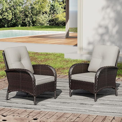 Joyside Wicker Patio Chairs Set of 2, Rattan Outdoor Furniture with Thickened Cushions, High Back, Deep Seating, Wide Armrest, Outdoor Chairs for Porch, Deck