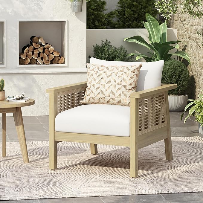 Merax Outdoor Acacia Wood Single Chair PE Wicker Club Chair Dining Chair with Waterproof Detachable Cushion - Photo 1