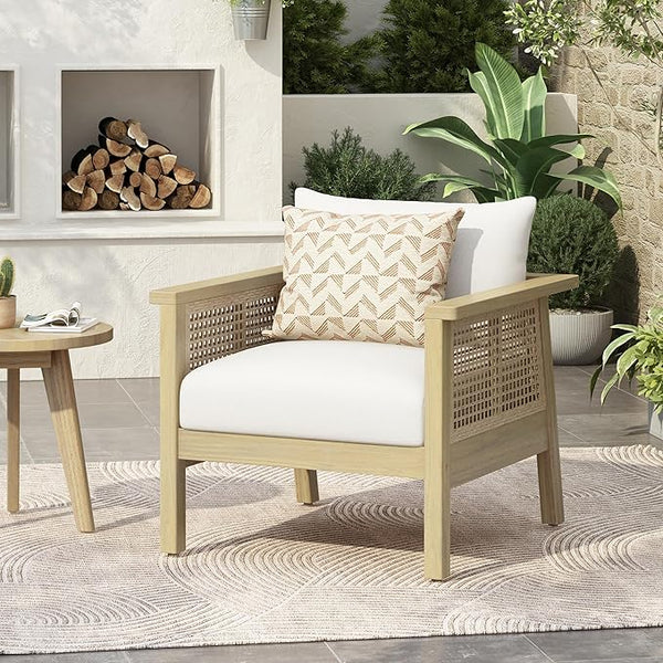 Merax Outdoor Acacia Wood Single Chair PE Wicker Club Chair Dining Chair with Waterproof Detachable Cushion - Photo 1