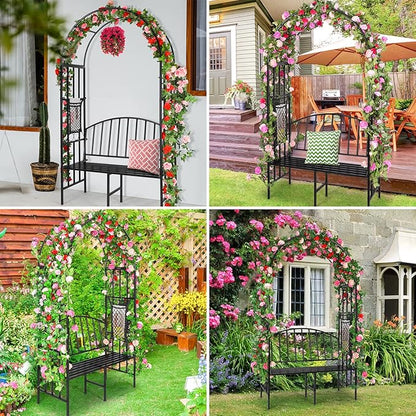 Garden Arch Heavy Duty Arbor with Bench Holds 660lbs Metal Arbor Archway for Climbing Plant & Two People Seat Bench Outdoor Lawn Backyard Decor, Black