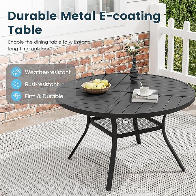 Patio Dining Table for 4, Round Metal Outdoor Table with Storage Shelf, 1.57" Umbrella Hole, 41" Outdoor Quartered Tabletop Dining Table for Backyard, Porch, Lawn, Black
