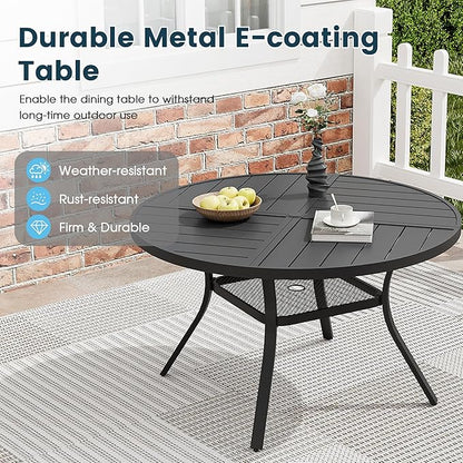 Patio Dining Table for 4, Round Metal Outdoor Table with Storage Shelf, 1.57" Umbrella Hole, 41" Outdoor Quartered Tabletop Dining Table for Backyard, Porch, Lawn, Black