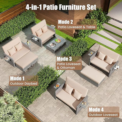 Tangkula Patio Rattan Daybed with 4-Level Adjustable Backrest, Outdoor PE Wicker Loveseat with Storage Ottoman & Folding Side Table, Double Sunbed for Balcony, Backyard & Poolside, Beige & Grey