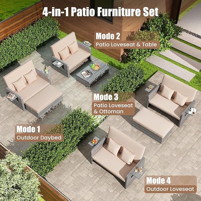 LDAILY Moccha Outdoor Daybed, Wicker Loveseat Sofa Set with 4-Postion Adjustable Backrest, Storage Ottoman, Cushions - Photo 5