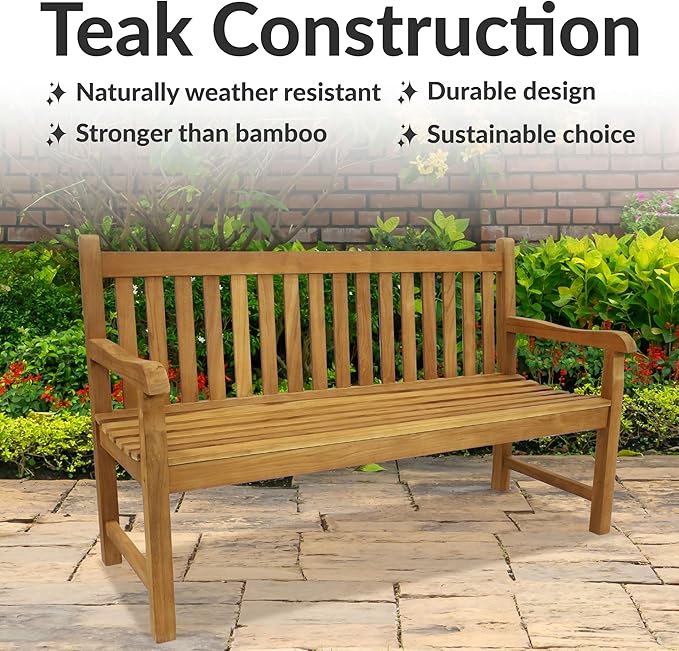 Sunnydaze 2-Person Outdoor Bench for Front Porch or Park - Wooden Teak Patio Garden Bench with Backrest - 675 lb Weight Capacity - 60"
