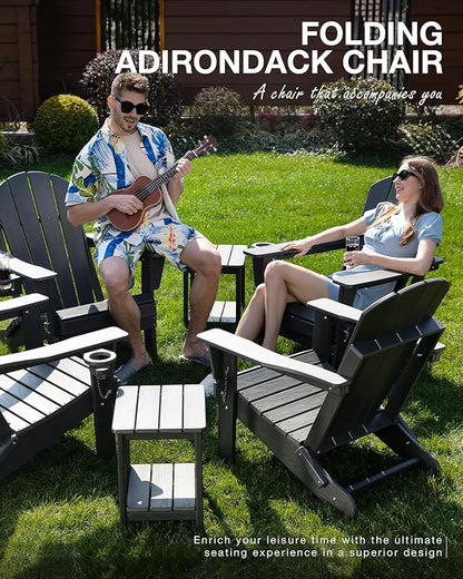 Folding Adirondack Chair, Patio Chair Wood Texture, Outdoor Chair Weather Resistant, Fire Pit Chair with Cup Holder, Composite Adirondack Chair Set of 4(Navy Blue)