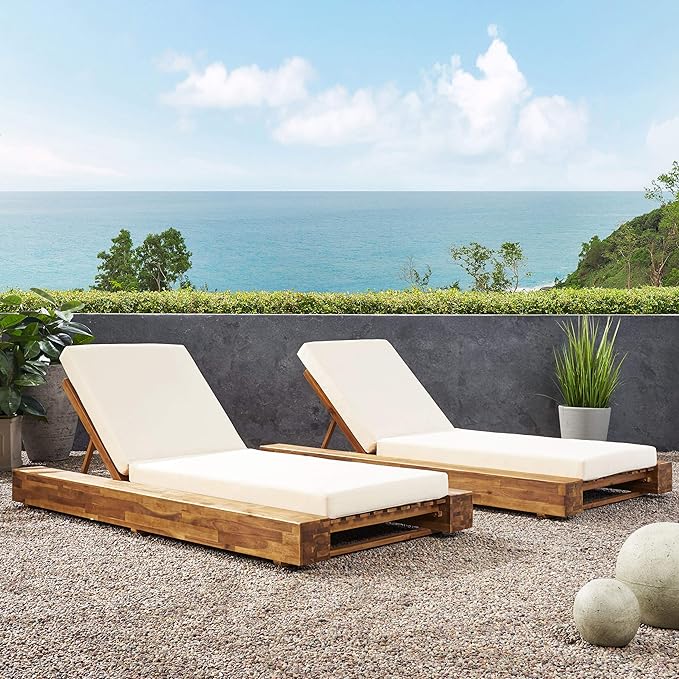 Christopher Knight Home Tory Acacia Wood Chaise Lounge Chair Outdoor Set of 2, Adjustable Backrest Sun Lounger Recliner, Patio Outdoor Chaise Lounge with 4" Thick Water-Resistant Cushions, Teak+Cream