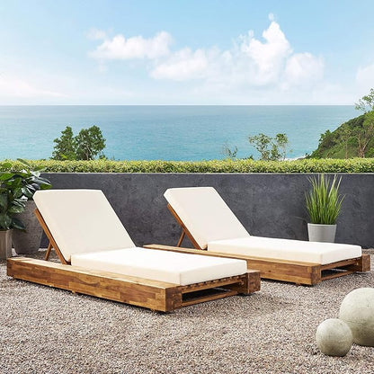 GDFStudio Outdoor Acacia Wood Chaise Lounge and Cushion Sets (Set of 2), and Cream