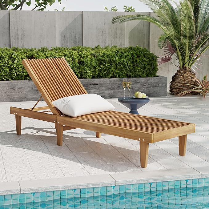 LUMISOL Outdoor Chaise Lounge Chair, Acacia Wood Frame Sunbathing Pool Lounger with 5-Position Adjustable Backrest, Patio Portable Reclining Lounger Chair for Deck, Poolside, Yard, Teak
