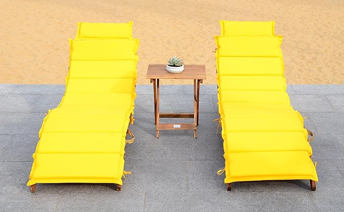 SAFAVIEH Outdoor Collection Pacifica Natural Brown Solid Wood/Yellow Cushion 3-Piece Chaise Lounge Set with Table (PAT7020D)