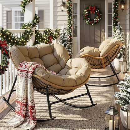 NICESOUL 2-Piece Outdoor Patio Papasan Rocking Chair, Cozy Oversized Wicker Gliding Lounge Chairs for Balcony, Patio or Porch, Wide & Large Double Royal Rocker with Comfy Padded Cushion, Brown/Tan