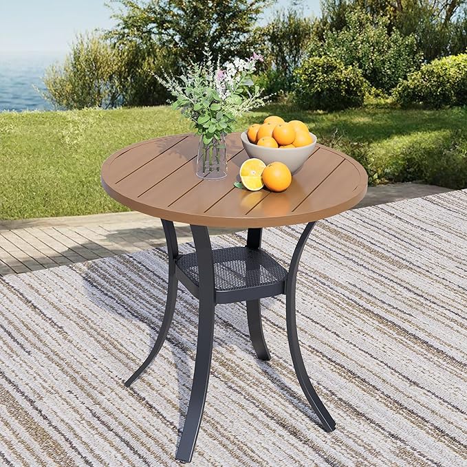 27.5'' Outdoor Patio Table with Storage Shelf, Heavy Duty 400lbs Capacity Round Metal Garden Table, All-Weather Walnut Tabletop for Deck, Balcony, Bistro, 2-4 Person