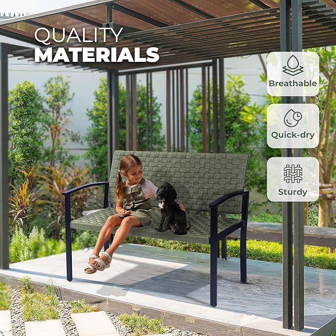 Chelsea Olive Patio Loveseat All-Weather Rope Outdoor Bench with Metal Armrest, Patio Outdoor Furniture Ideal Garden Bench for Balcony, Lawn, Backyard and Deck (Green)
