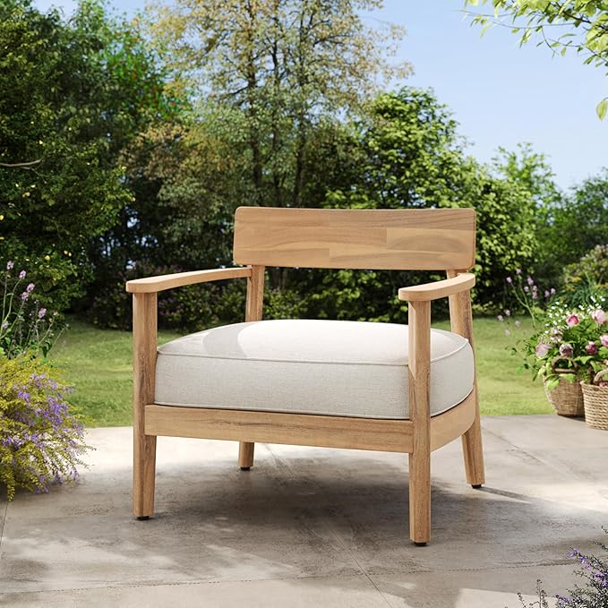 Christopher Knight Home Manny Acacia Wood Patio Accent Chair, Wooden Lounge Chair Outdoor, Comfy Reading Chair with Removable Cushion, Curved Backrest Lounge Sofa, Garden Poolside Seating, Teak+Beige