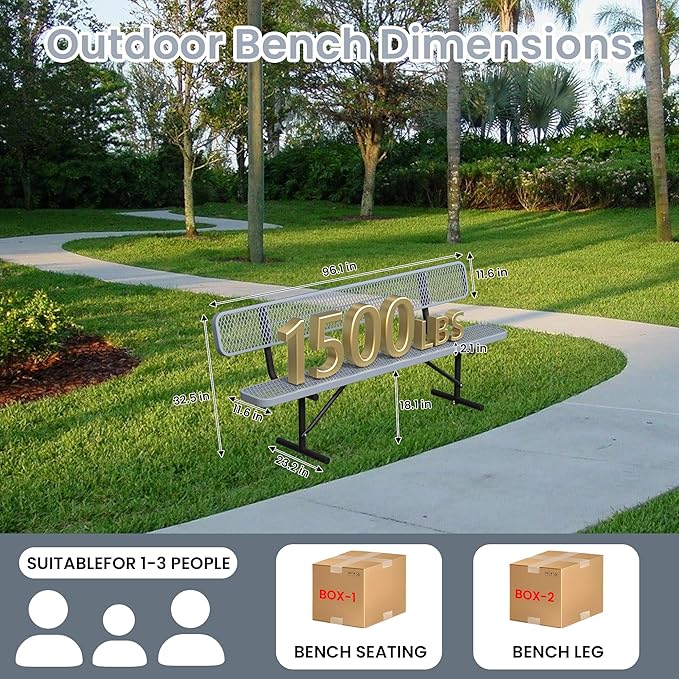 8ft Park Bench with Backrest, Gray Heavy Duty Outdoor Metal Bench Weatherproof Steel Long Playground Bench Seats, Commercial Garden Benches Dock Benches for Lawn, Park, Deck,Patio, Porch