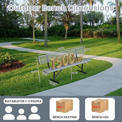 8ft Park Bench with Backrest, Gray Heavy Duty Outdoor Metal Bench Weatherproof Steel Long Playground Bench Seats, Commercial Garden Benches Dock Benches for Lawn, Park, Deck,Patio, Porch