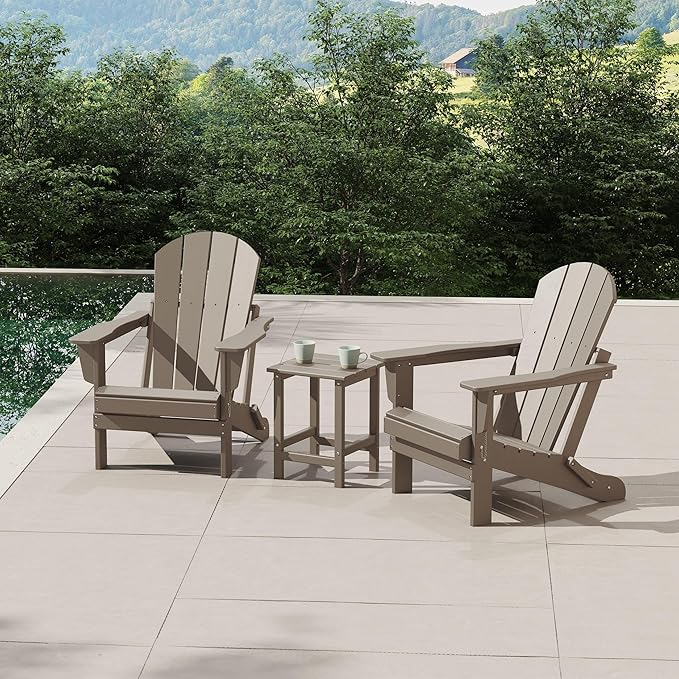 WestinTrends Malibu 3-Pieces Adirondack Chairs Set with Side Table, All Weather Outdoor Seating Plastic Patio Lawn Chair Folding for Outside Porch Deck Backyard, Weathered Wood