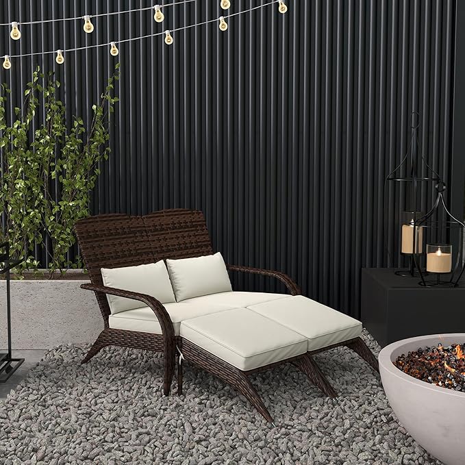 Outsunny Wicker Adirondack Chair for 2 with Cushions & Footrests, PE Rattan Double Chaise Lounge Chair - Photo 2