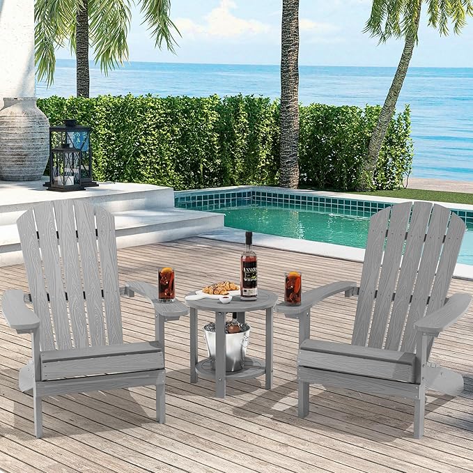 YEFU 3-Piece Adirondack Chair and Table Set: Outdoor Lounge Furniture Set - Outdoor Chair Plastic Weather Resistant with Wide Armrests for Patio Lawn Pool Porch Garden(Grey