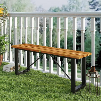 Outsunny Outdoor Bench, Acacia Wood Patio Garden Bench, 47" 2-Person Backless Patio Loveseat with Slatted Seat and Metal Frame, Weather/Corrosion Resistant for Outside, Front Porch, Park, Teak