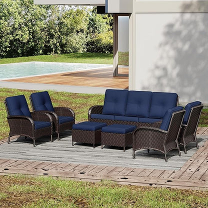 Joyside Wicker Patio Furniture Set, 7 Piece Outdoor Furniture Set with Thickened Cushions, High Back, Deep Seating, Wide Armrest, Rattan Outdoor Chairs for Porch, Deck