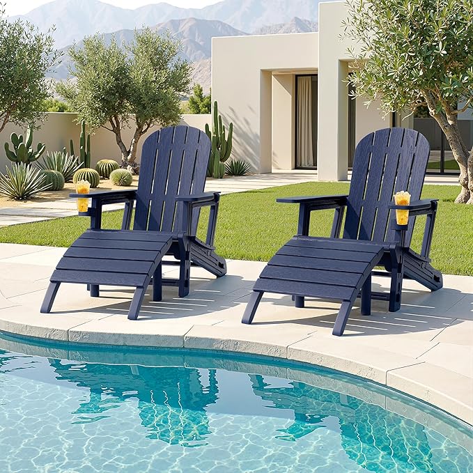 JY QAQA Outdoor Adirondack Chair Set of 2 with Detachable Table & Ottoman, All-Weather HDPE Patio Furniture with Wood Texture & Cup Holder for Patio, Poolside, Garden, Dark Blue