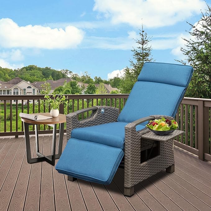 Domi Outdoor Recliner Chair, Patio Recliner with Hand-Woven Wicker, Flip Table Push Back, Adjustable Angle, Thickness Cushions, Reclining Lounge Chair for Indoor & Outdoor, Navy Blue
