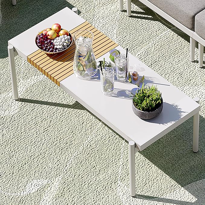 Sundale Outdoor Modern Metal Outdoor Coffee Table with Slatted Wood-Look Tabletop Design, Weather-Resistant Patio Side Table for Garden, Balcony, Poolside(White)