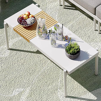 Sundale Outdoor Modern Metal Outdoor Coffee Table with Slatted Wood-Look Tabletop Design, Weather-Resistant Patio Side Table for Garden, Balcony, Poolside(White)
