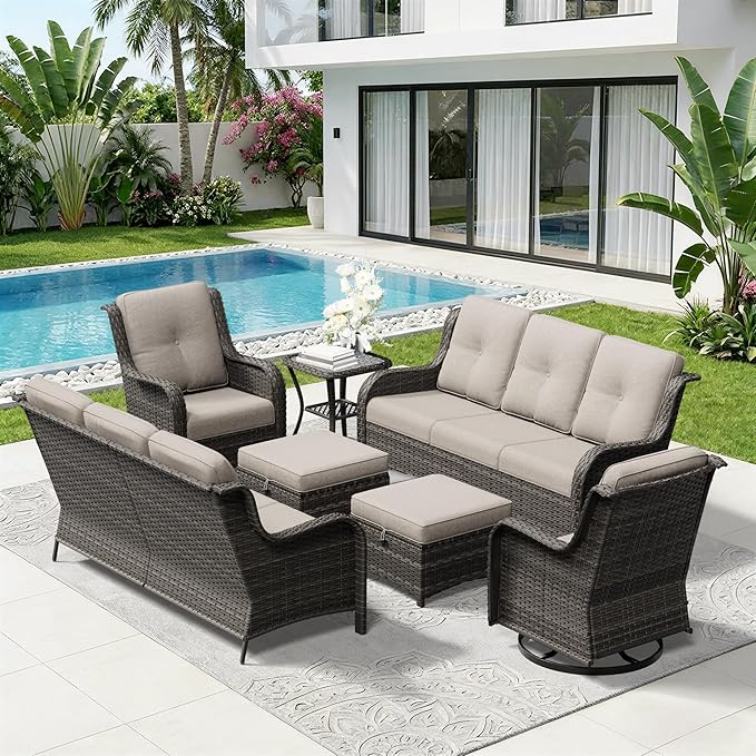 7 Piece Outdoor Wicker Patio Furniture Set, Outdoor Swivel Rocker Patio Chairs Set with Thickened Olefin Cushions - Photo 9