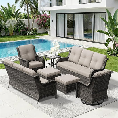 7 Piece Outdoor Wicker Patio Furniture Set, Outdoor Swivel Rocker Patio Chairs Set with Thickened Olefin Cushions, High Back and Deep Seating, Hand-Woven PE Rattan for Porch, Deck