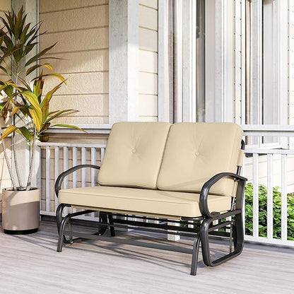 Outsunny Outdoor Glider Bench, 2-Person Patio Rocker Loveseat with Tufted Cushions, Steel Frame for Porch, Garden Backyard, Beige