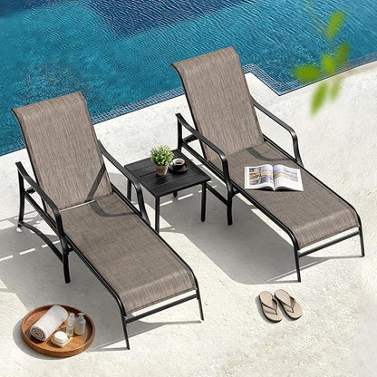 NUU GARDEN Outdoor Chaise Lounge Set of 3, Textilene Patio Chaise Lounges with 5-Level Adjustable Backrest, Outdoor Chaise Lounge Chairs, Sunbathing Loungers, Side Table Included, Black and Brown