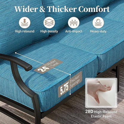 Metal Patio Furniture Sofa with 5.75" Extra Thick Waterproof Cushion, 3-Seater Deep Seating & High-Back Outdoor Couch All Weather Outdoor Seating for Backyard Deck Front Porch, Blue-2