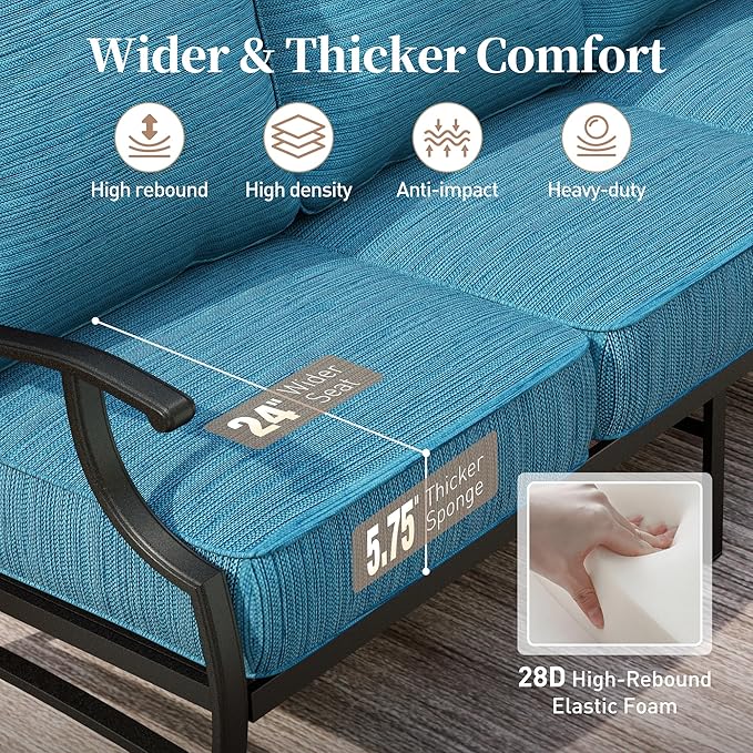 Metal Outdoor Rocker Patio Chairs Set of 2 with 5.75" Extra Thick Cushion, 2 Piece High Back Rocker Patio Chairs All Weather Outdoor Furniture Seating for Deck Balcony Porch, Blue-2