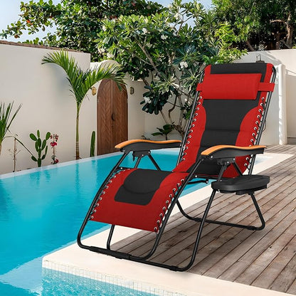 Sophia & William Oversized XXL Zero Gravity Chair Set of 2, Padded Adjustable Folding Reclining Lounge Chair Outdoor Gravity Chair with Wide Armrest and Cup Holder, Support 400 LBS, Red