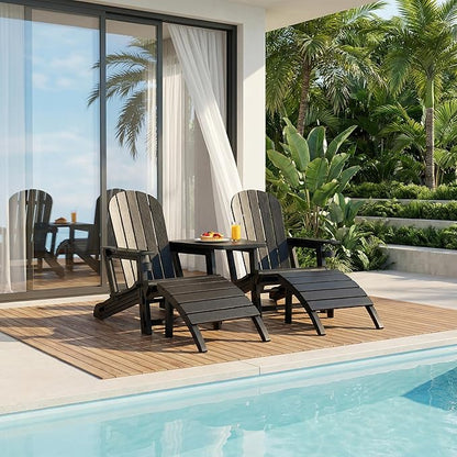 Shintenchi Adirondack Chair Set of 2,HDPE Adirondack Chairs with Umbrella Hole Connecting Tray & 2 Curved Ottoman,Plastic Outdoor Chairs with Cup Holders for Garden Backyard Pool,Black